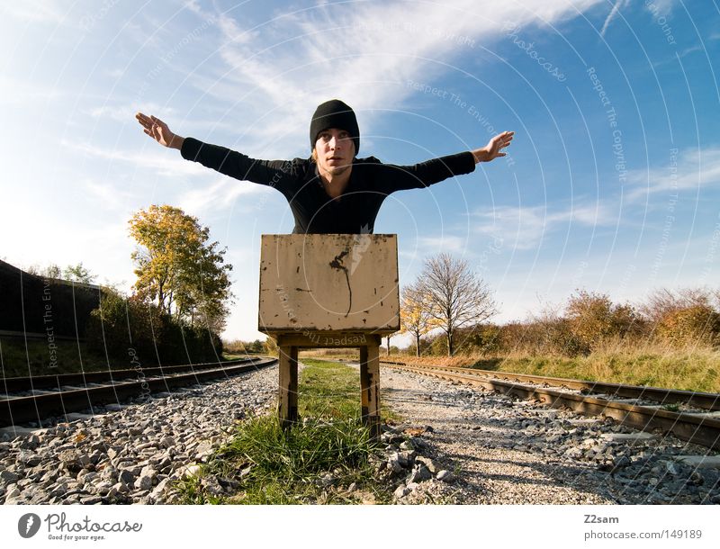fly away Beginning Railroad tracks Sky Summer Physics Sun Clouds Cap Man Masculine Black Style Easygoing Freedom Relaxation Green Tree Autumn Commuter trains