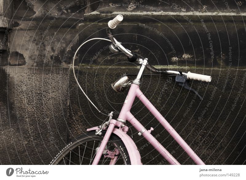 Be right with you. Bicycle Wheel Tire Driving Come Going Speed Movement Means of transport Pink Nostalgia Old Old fashioned Old-school Wall (building)