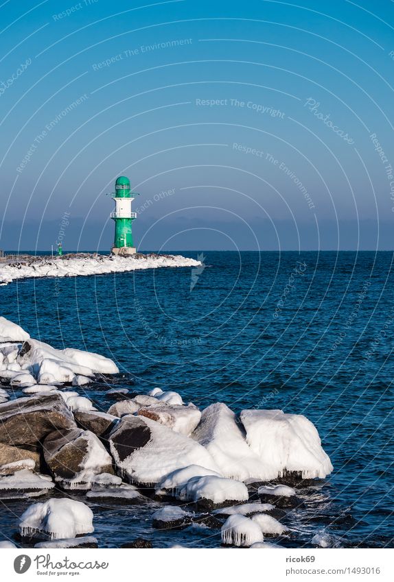 The pier in Warnemünde in winter Vacation & Travel Tourism Ocean Winter Nature Landscape Water Coast Baltic Sea Lighthouse Architecture Tourist Attraction