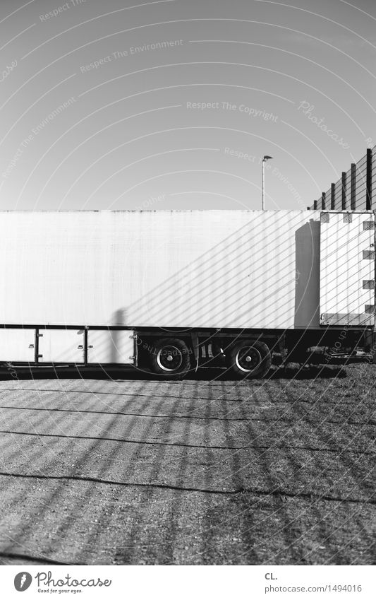 LORRY Logistics Cloudless sky Beautiful weather Places Transport Parking lot Vehicle Truck Fence Line Large Complex Stagnating Lack of parking spaces