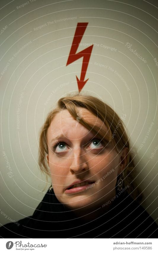 in brainstorms Lightning Red Woman Grimace Eyes Hair and hairstyles Blonde Thought Think Abrupt Electricity Dangerous Joy flash thunder