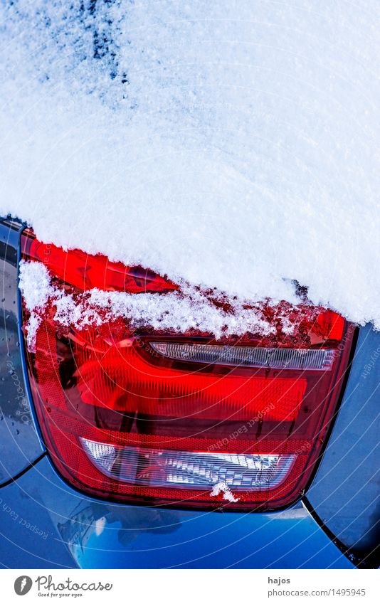 Snow on the rear light of a car Calm Winter Weather Transport Car Blue Red White Idyll Alpina snowcap Rear light Brake light road conditions Stlileben Seasons