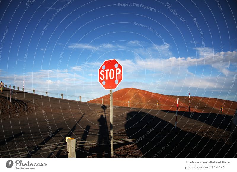 Sleeping Volcano Hawaii Stop Signs and labeling Mountain Observatory USA Americas Island Desert Street Fence Shadow Sky Moody Clouds Nature Events Vantage point