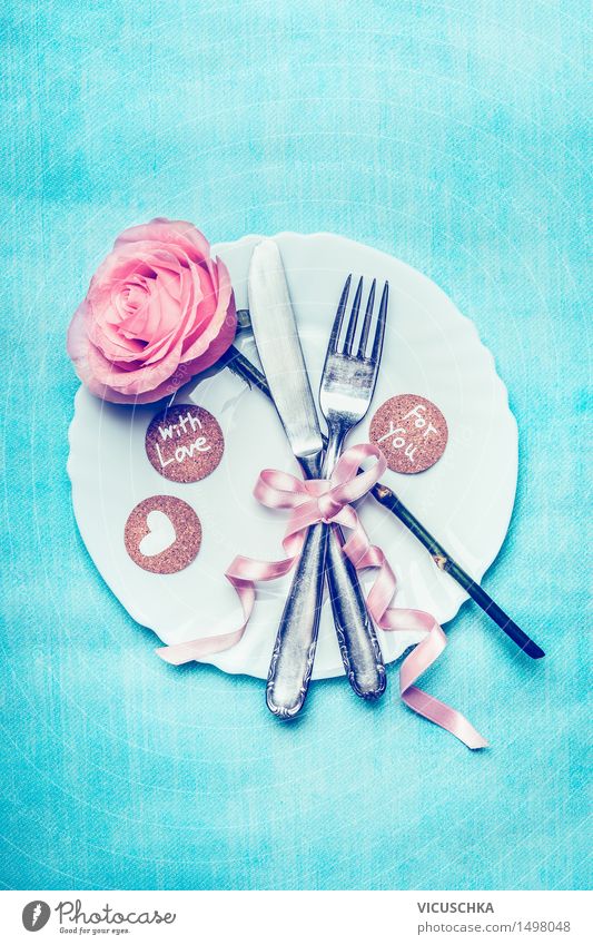 romantic table setting with pink and heart Banquet Crockery Plate Cutlery Knives Fork Style Design Interior design Decoration Table Event Restaurant