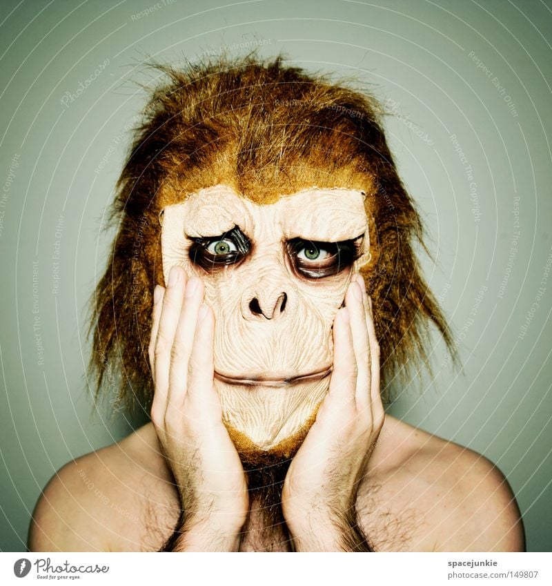 Without make-up Grief Horror Monkeys Animal Mask Joy Sadness Dress up Frightening Hand Interior shot Man Looking into the camera Irritation