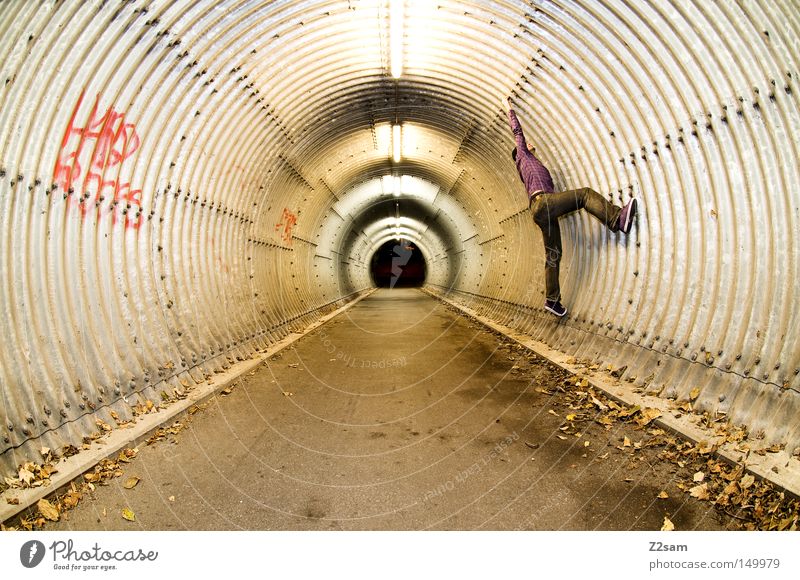 Spiderman London Underground Subsoil Tunnel Concrete Round Leaf Autumn Loneliness Dark Light Man Human being Fisheye Stand Style Perspective Climbing