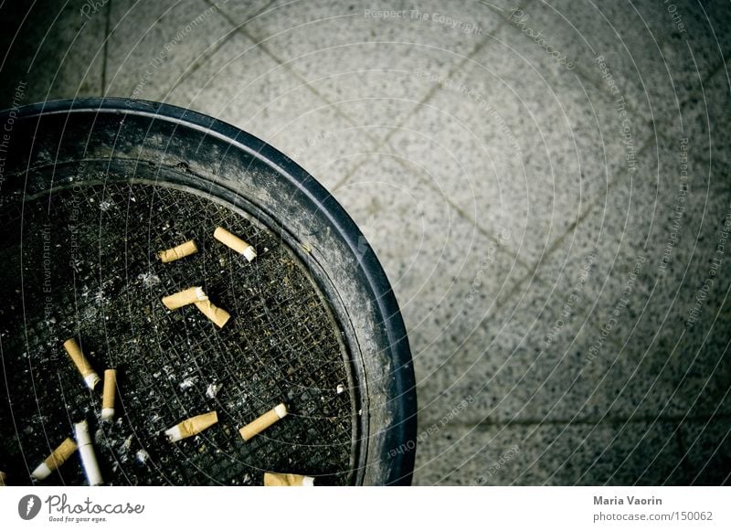 Waste bin in combination with ashtray Ashtray Dirty Gray Disgust Nicotine Addiction Hideous Intoxicant Expressed Bird's-eye view Cigarette Butt Copy Space right