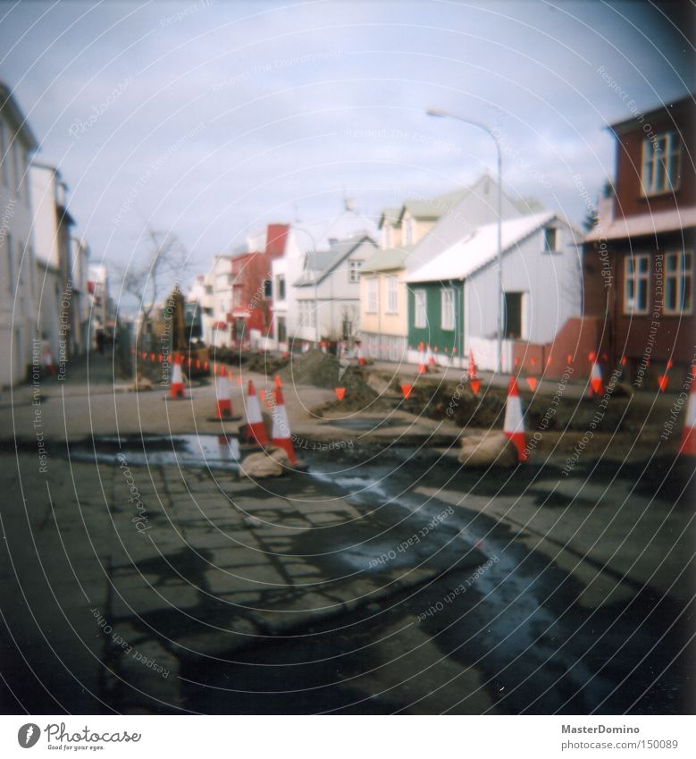 Oh Iceland... Street Construction site Corrugated sheet iron Wet Water Water ditch Soft coal mining Torn Excavator Barred Holga Lomography