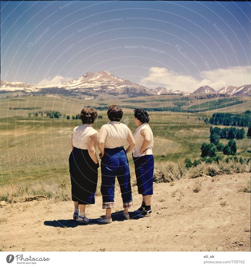 3 ladies from the grill Far-off places Mountain Woman Adults Group Landscape Break The fifties Colour photo Exterior shot Day Central perspective