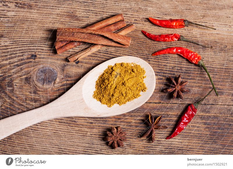 curry Food Herbs and spices Organic produce Vegetarian diet Diet Asian Food Good Curry powder Spoon Wooden spoon Chili Cinnamon Star aniseed Deserted