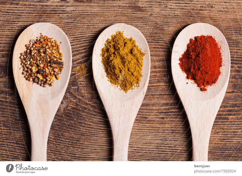 threesome Food Herbs and spices Asian Food Spoon Eating Good Uniqueness Delicious Brown Yellow Red Anticipation Curry powder Curcuma Chili Milled Wooden spoon 3