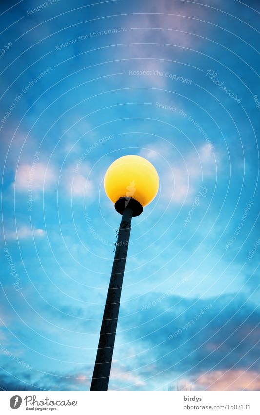 light lollipop Sky Clouds Full  moon Weather Sphere Illuminate Exceptional Round Warmth Blue Yellow Esthetic Colour Center point Light Sun Symbols and metaphors