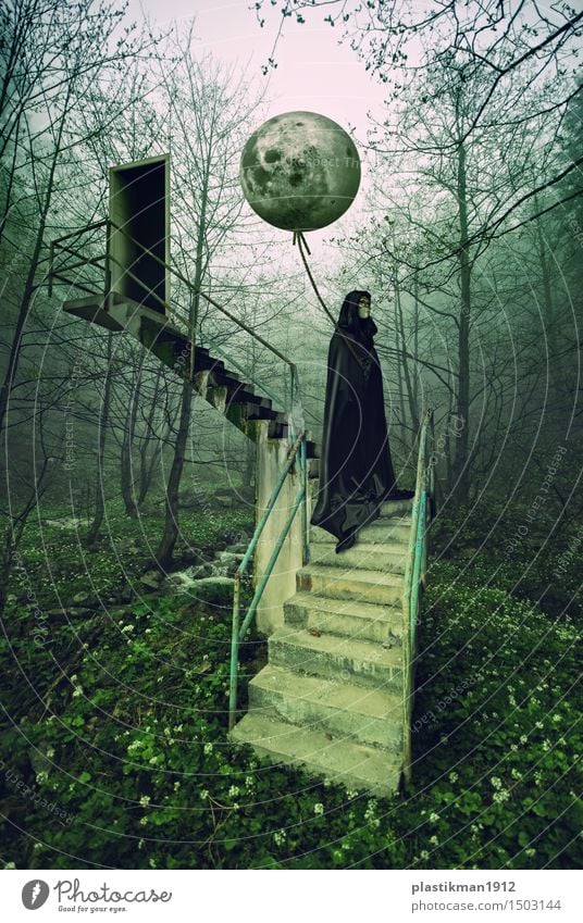 moon Woman Adults 1 Human being Power Moon Stairs Door Balloon Virgin forest Forest Tree Nature Mysterious Fantasy Manipulation Digital photography Dream Black