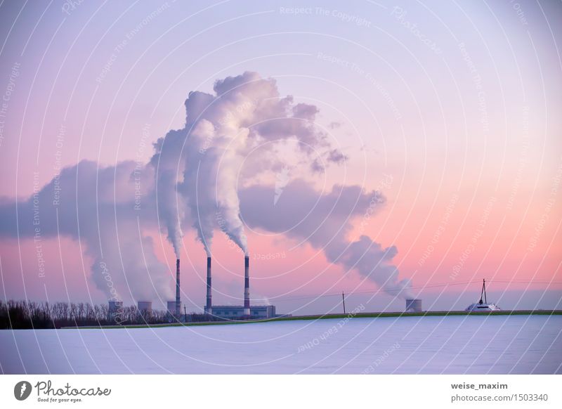 Power plant in the evening Winter Snow Factory Industry Energy industry Landscape Plant Sky Sunrise Sunset Meadow Field Forest Small Town Skyline Building Tube