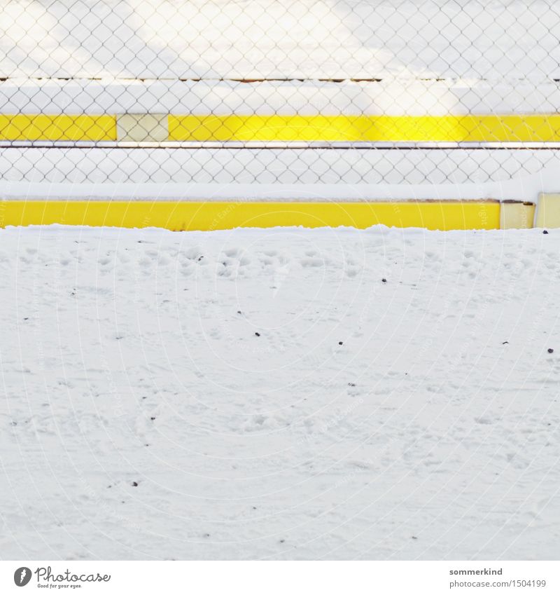 parallels Winter Ice Frost Snow Town Train station Train travel Platform Multicoloured Yellow White Fence Wire netting fence Stripe Pattern Bright Colours