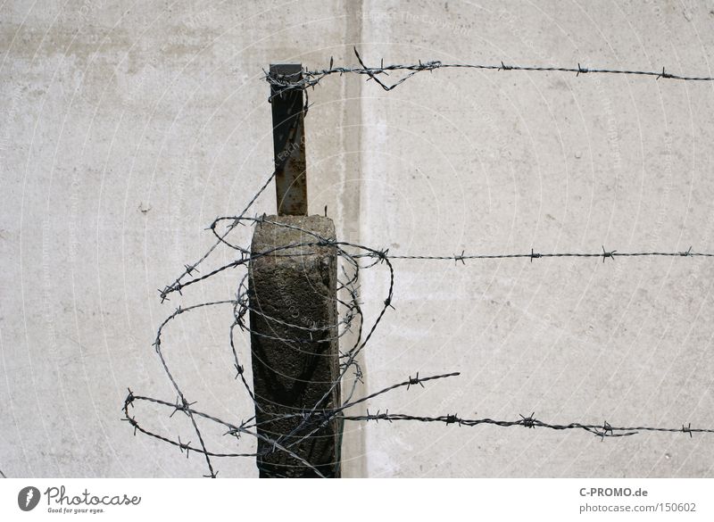 security risk Barbed wire Wall (barrier) Fear Dangerous War Concrete Gray Gloomy Broken Break-in Outbreak Penitentiary Escape Curse People trafficker Panic