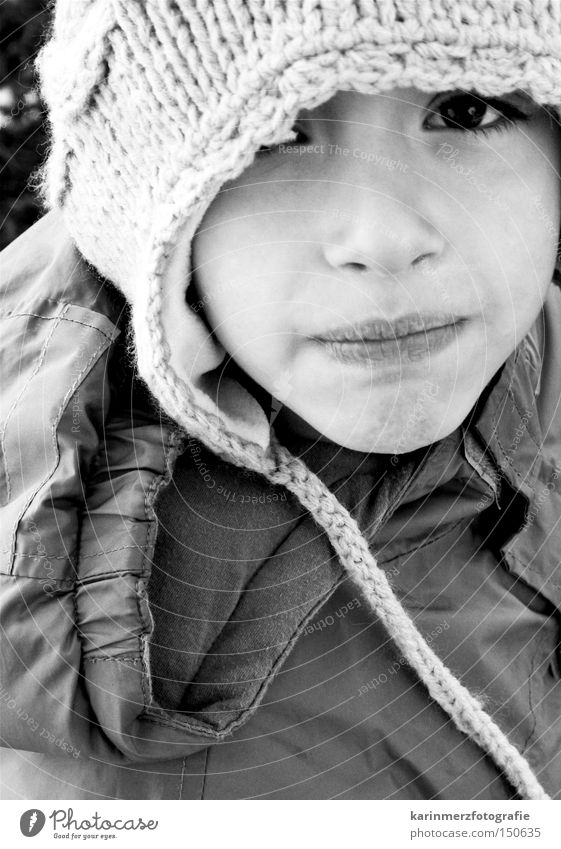 'Look...' Boy (child) Cap Mouth Winter Cold Insecure Grief Child Face Eyes Black & white photo Sadness Fear