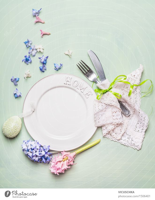 Easter feast. Table setting with decoration Lunch Banquet Crockery Plate Cutlery Knives Fork Elegant Style Design Flat (apartment) House (Residential Structure)
