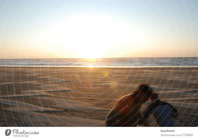 an evening at the beach Beach Human being Sun Sunrise Picturesque Light Shadow Sky Reflection Sand Friendship Movement Ocean Earth Summer