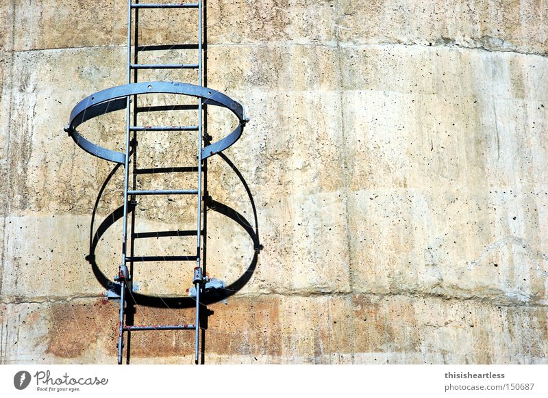 where are you going? Stairs Ladder Go up Dangerous Absurdity Curiosity Loneliness Gray Concrete Steel Industry Derelict Threat Row Circle Chimney 3Food