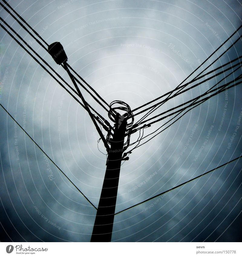 power pole Electricity Electricity pylon Cable Connection Twilight Clouds Dark Thunder and lightning Gale Diagonal Detail Fear Panic Australia Tilt