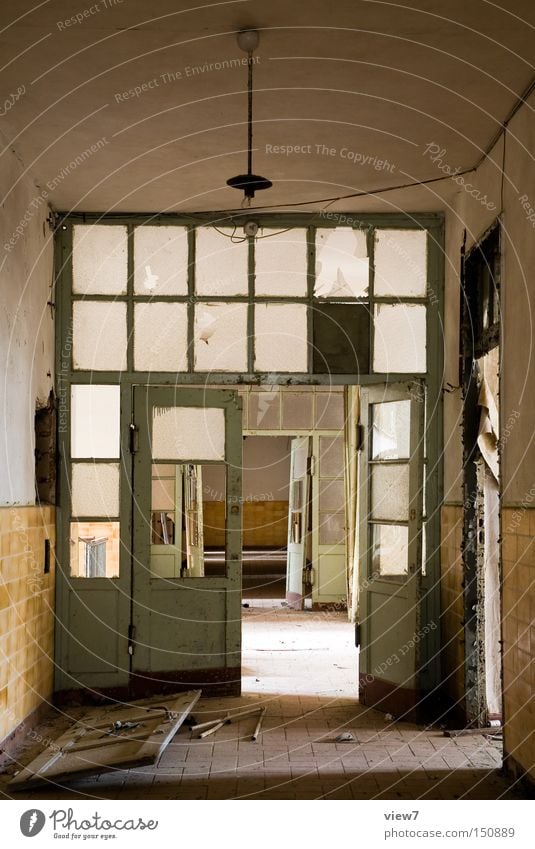 intermediate door Door Wall (building) Glass Connector Hallway Broken Destruction Loneliness Going Forget Ruin Room Long Splinter of glass Floor covering Ground