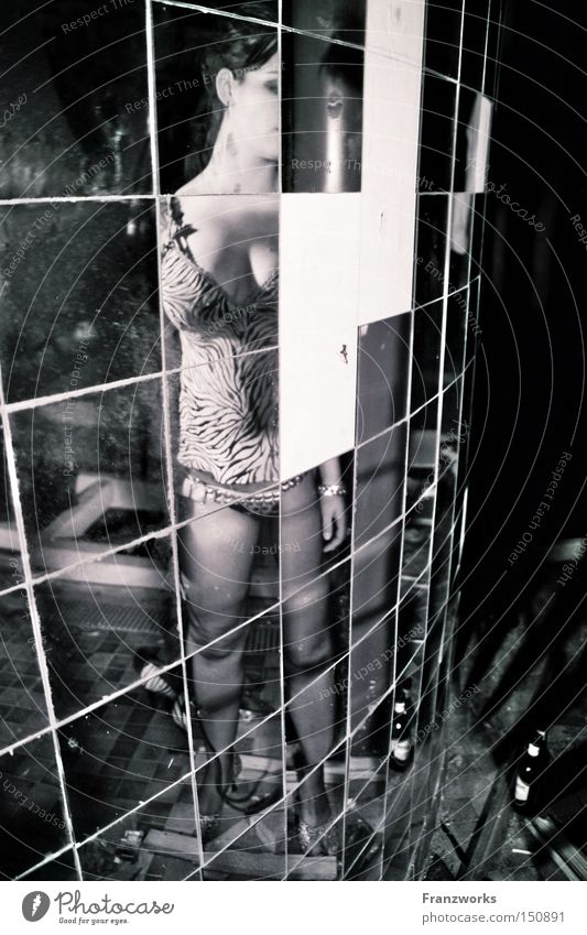 Through a mirror... Mirror Tile Woman Eroticism Breasts Dark Eerie Creepy Reflection Mysterious Unclear Mystic Beautiful Feminine Black & white photo lingerie