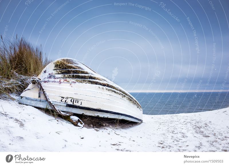 Beach Lubmin - Winter Study VII Nature Landscape Beautiful weather Ice Frost Snow Rock Baltic Sea Watercraft Blue Brown White Sky Clouds Stones Orange