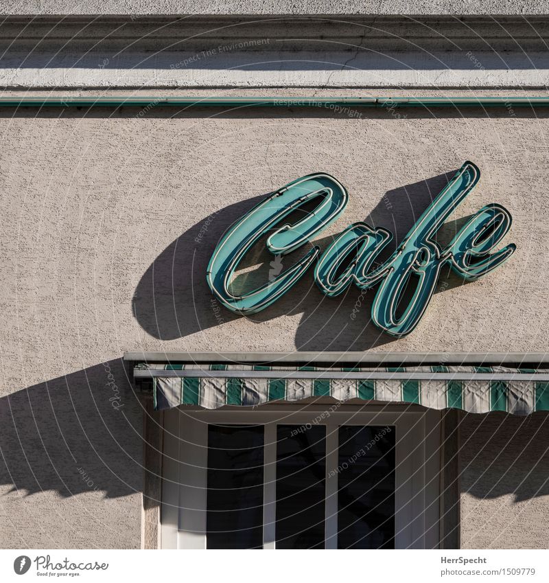 coffee time City trip Restaurant Vienna Glass Metal Characters Signs and labeling Old Esthetic Retro Turquoise Neon sign Café Café society Curved Sun blind