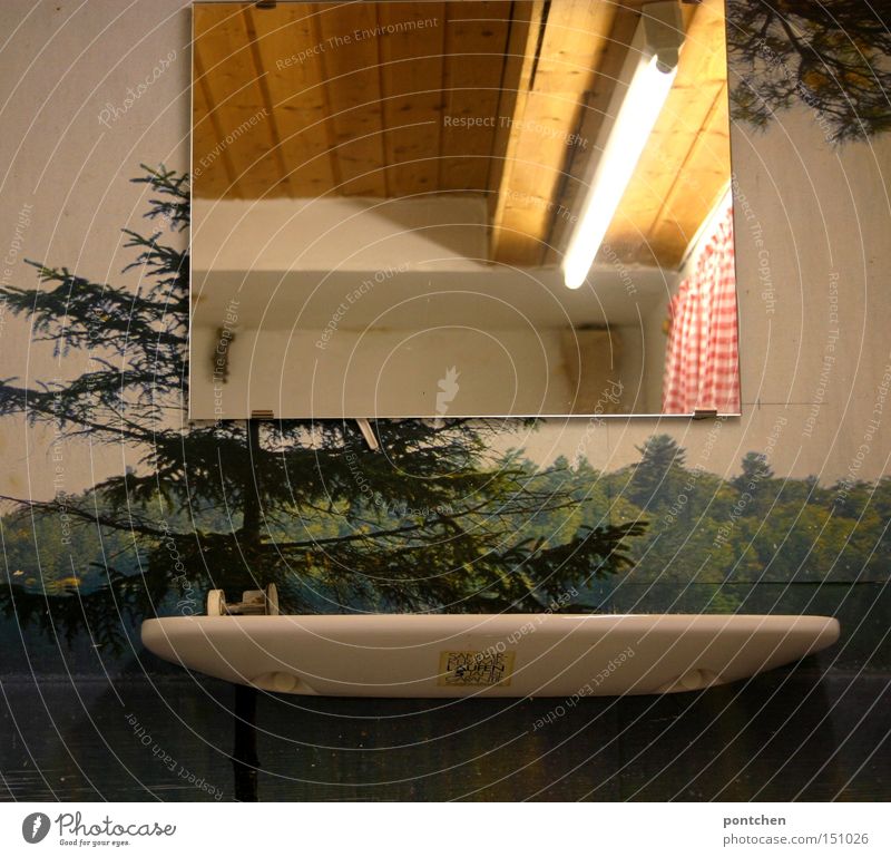 Mirror and soap dish in a dark bathroom with wallpaper with a forest motif. neon tube and wood panelling Living or residing Arrange Interior design Wallpaper