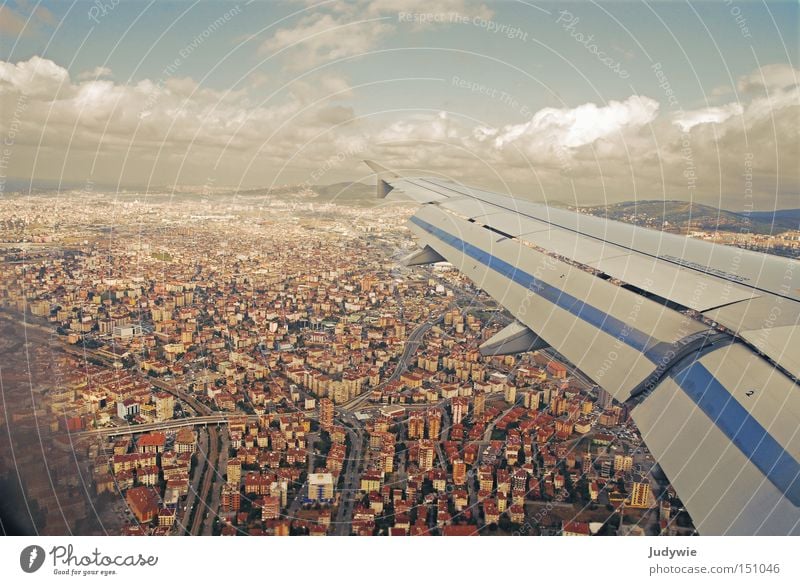 Sky over Istanbul Airplane Wing Town Clouds House (Residential Structure) Small Blue Brown Human being Above Under Flying Turkey Airport Aviation