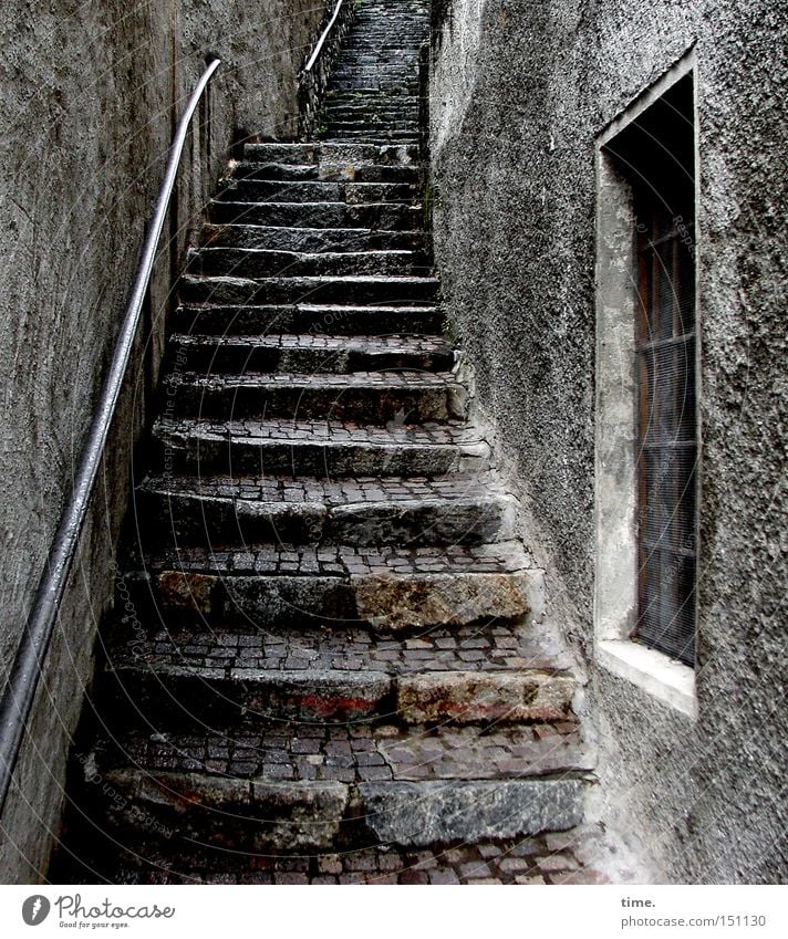 staircase joke Old town Wall (barrier) Wall (building) Stairs Window Stone Historic Transience Pave Upward Narrow Alley Plaster Handrail Colour photo