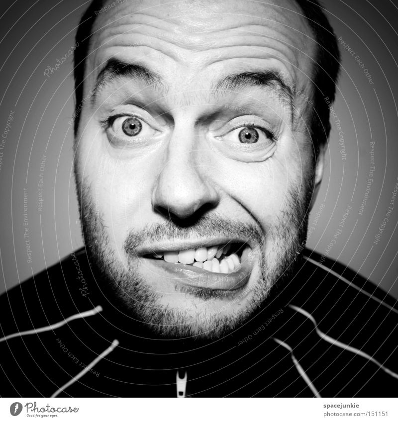 TV friend Man Portrait photograph Black & white photo Crazy Television TV set Nerviness Excitement Joy