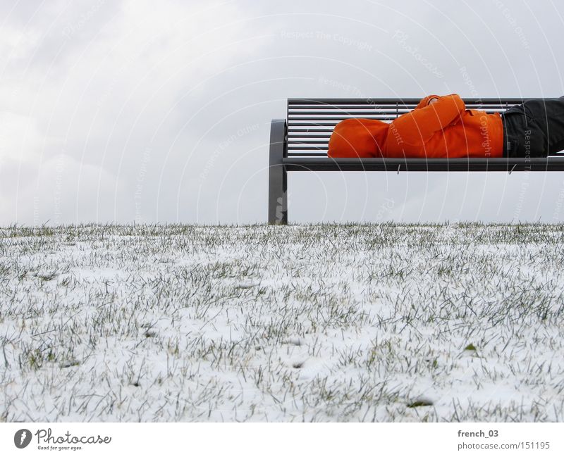 financial crisis III Bench Crisis Cold Homeless Hooded (clothing) Winter Human being Loneliness Snow Economic crisis Hope Sleep Wait End Services Park chill