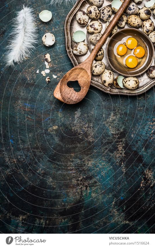 Quail eggs with cooking spoon on rustic background Food Nutrition Breakfast Lunch Plate Bowl Spoon Style Design Healthy Eating Life Table Easter Nature Jump