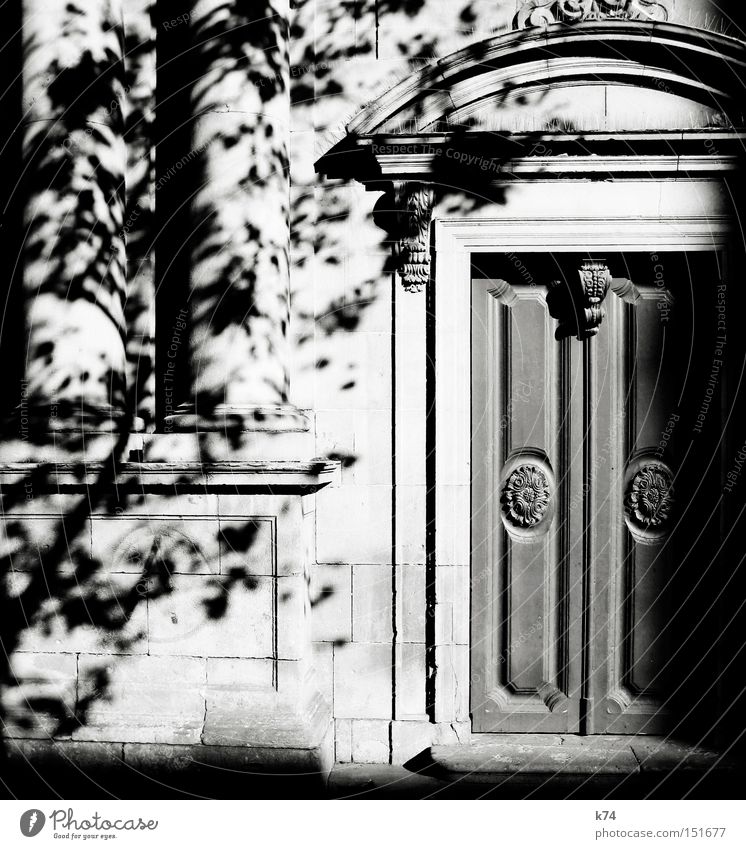 puerta Door Gate Portal Entrance Old Column Light Shadow Tree Wooden door Decoration Curlicue Architecture Black & white photo Front door