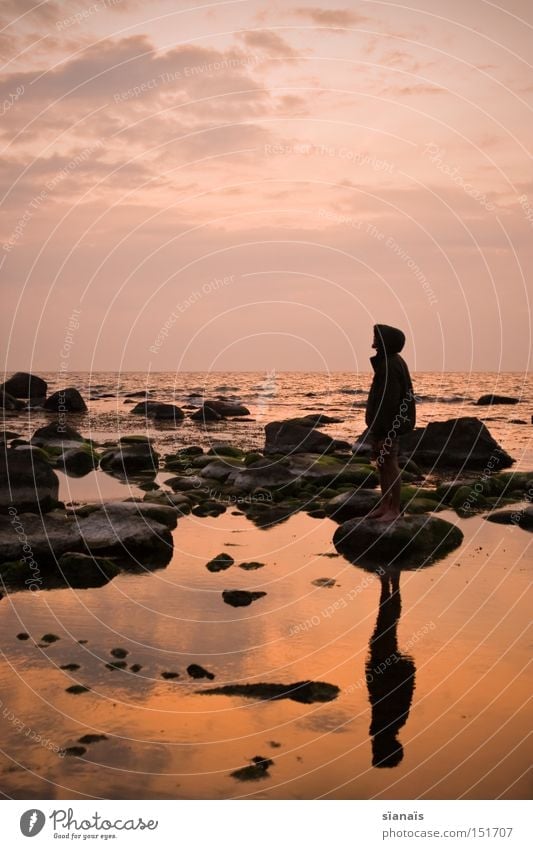 mirror image Rügen Ocean Water Mirror Baltic Sea Silhouette Human being Sunset Twilight Stone Reflection Romance Sky Evening Wanderlust Vacation & Travel