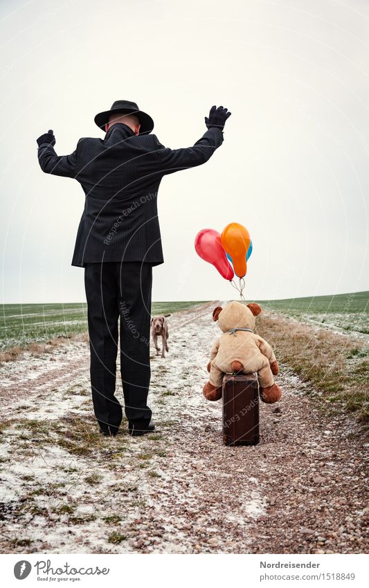 Arrival.... Retirement Closing time Human being Man Adults Life Landscape Winter Field Street Lanes & trails Suit Hat Animal Dog Teddy bear Cuddly toy Balloon