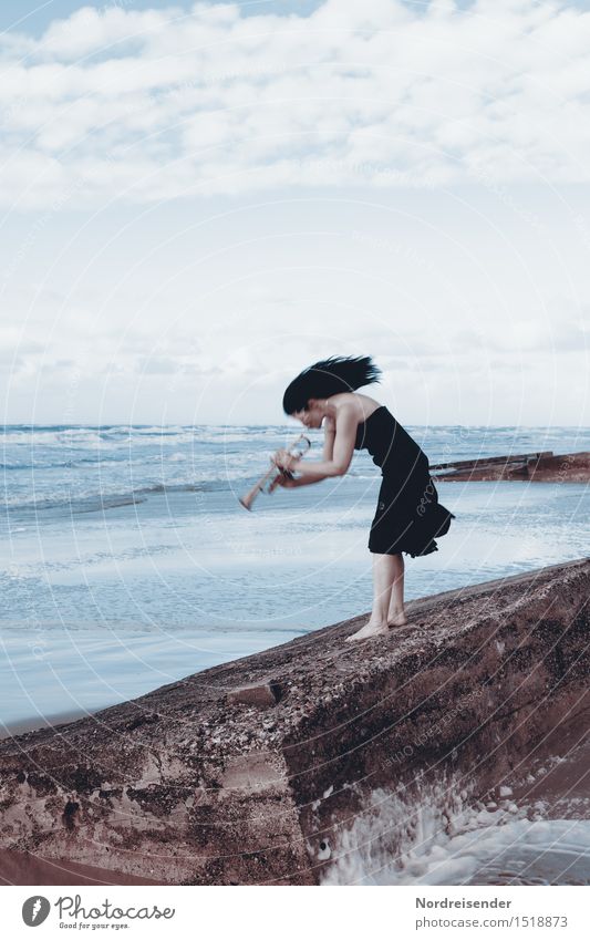 Play instinct, be loud. Lifestyle Ocean Human being Feminine Woman Adults Music Musician Landscape Elements Water Sky Clouds Rock Waves Coast North Sea Dress