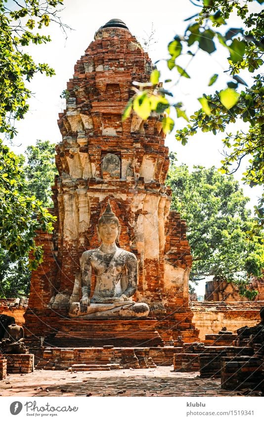 Ancient Buddha statue, in Ayutthaya, Thailand Design Face Meditation Culture Sky Clouds Architecture Old Yellow Belief Religion and faith Asia asian ayothaya