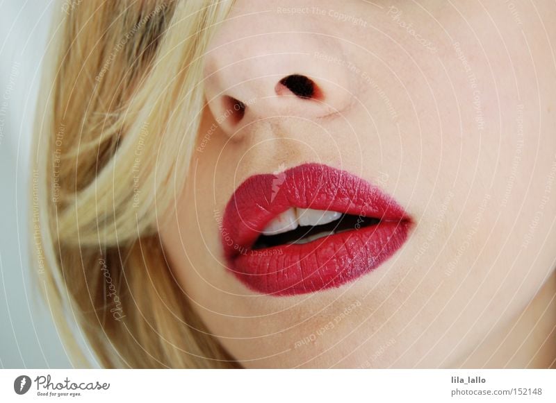 bondgirl Lips Red Nose Face Teeth Blonde Detail Section of image Fantastic Outstanding Weapon Heavenly Sex appeal Attractive Attempt Woman milky face