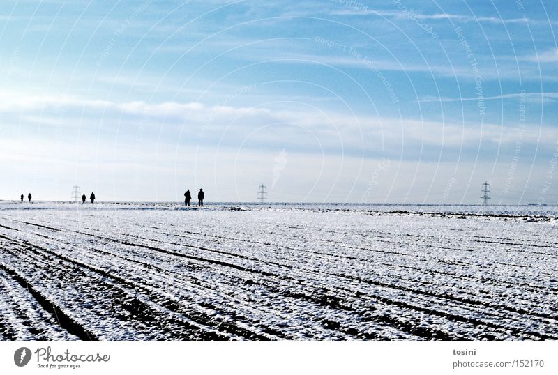 3:3 Winter Landscape Human being Field Snow Electricity pylon To go for a walk Sky Clouds Furrow Horizon White