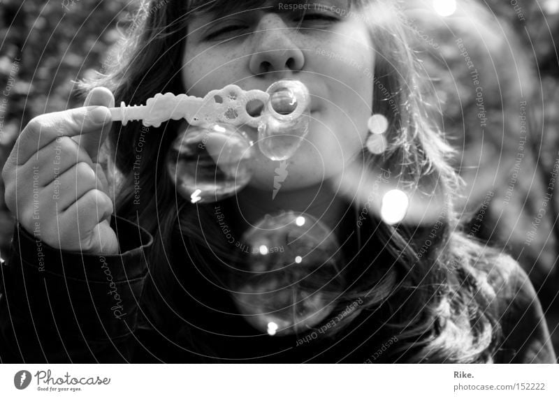 You wanna play with me? Soap bubble Beautiful Sweet Cute Playing Authentic Blow Freckles Joy Childlike Jacket Summer Woman Black & white photo