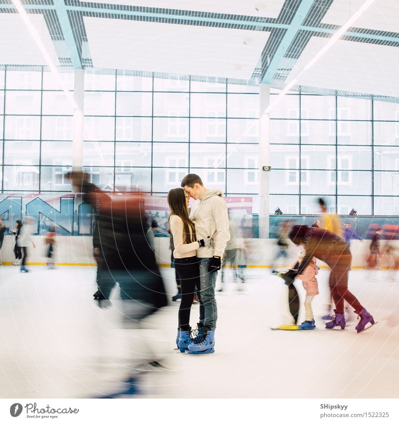 Lovely couple standing in the center of the rink Lifestyle Style Beautiful Wallpaper Aquatics Winter sports Fan Dance Sporting event Young woman