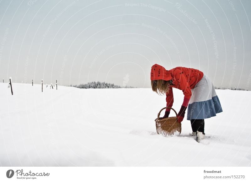 red cap unpacks Winter Snow Little Red Riding Hood Fairy tale Tree Mountain Switzerland Cold White Gray Calm Basket Bleak Photographic technology