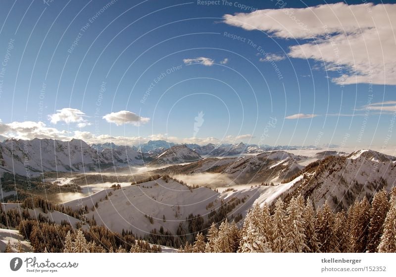 Mountain Dreamworld II. Snow Alps Swiss Alps Winter Clouds Sky Vantage point Panorama (View) Forest Blue Fog Beautiful Switzerland Snow Large