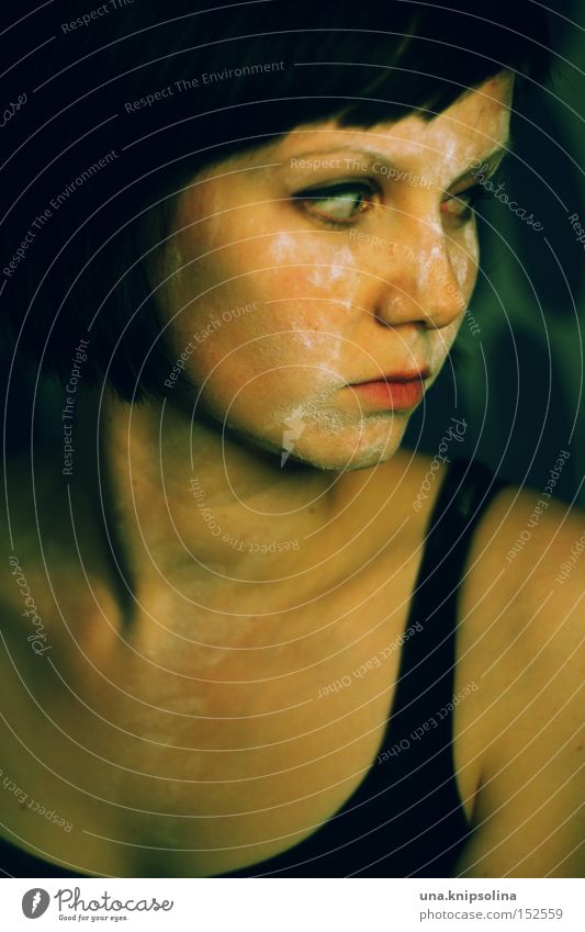 ...black to green Woman Adults Sadness Dark Black Loneliness Evil Portrait photograph Top Dark-haired Meditative Earnest Colour photo Looking Young woman Calm