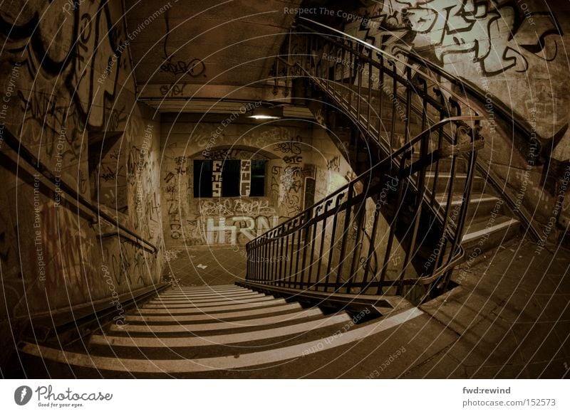 urban landscape Town Subsoil Staircase (Hallway) Stairs Ambiguous Fear Oppressive Night Banister Graffiti Loneliness Hiding place Crime scene Room Location