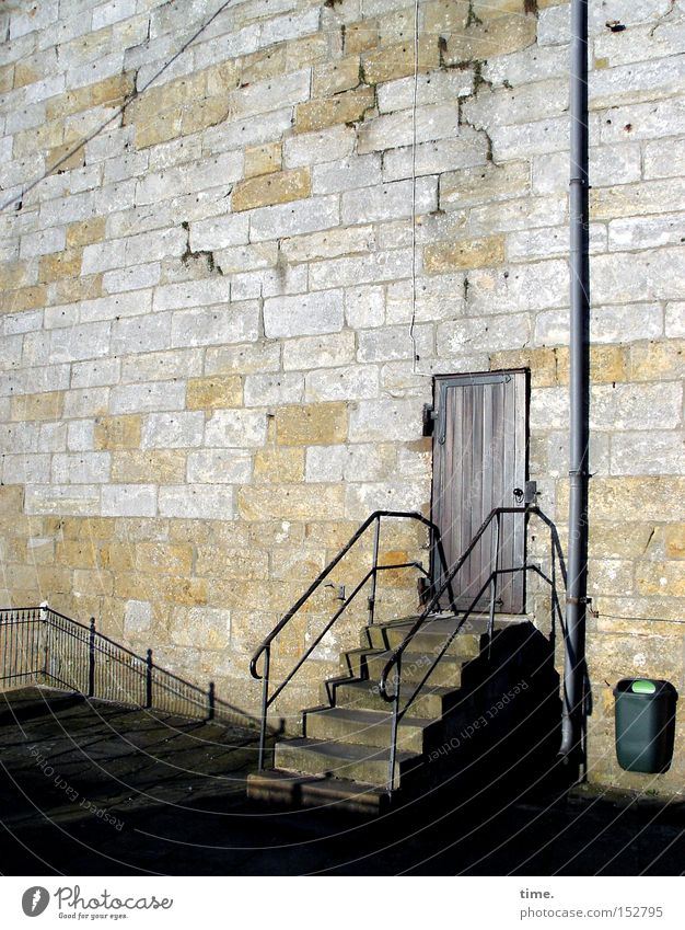 Sesame is off work Tower Architecture Wall (barrier) Wall (building) Stairs door Landmark Stone Old Historic Sandstone rail Banister Trash container Downspout
