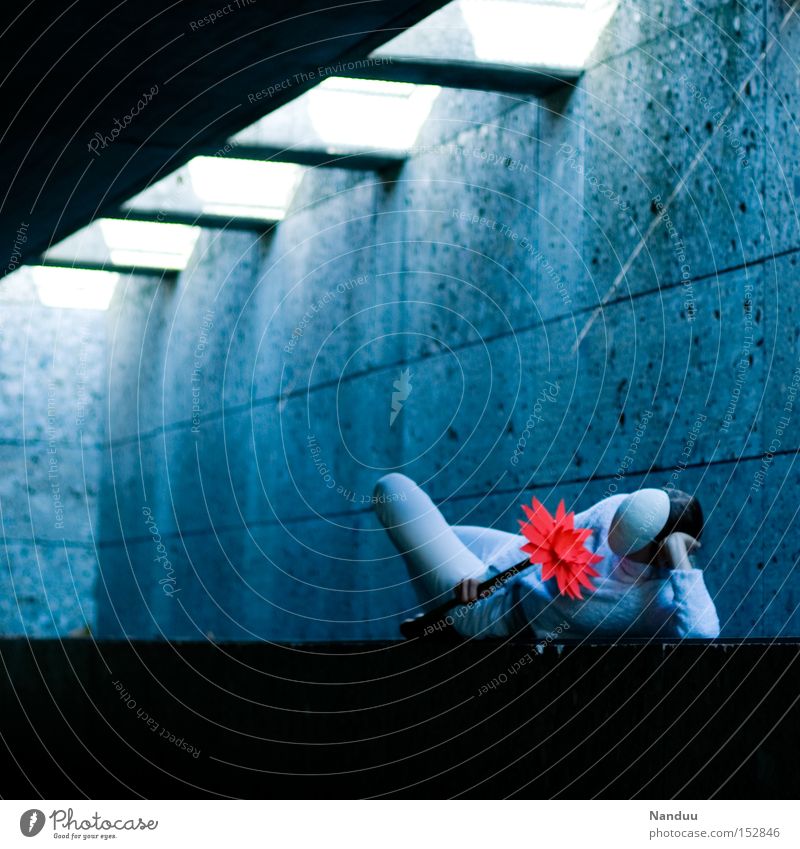 You could get up, but you don't have to. Human being Flower Mask Whimsical Blue Lie To hold on Comfortable White Faceless Underpass Concrete Peace Tunnel